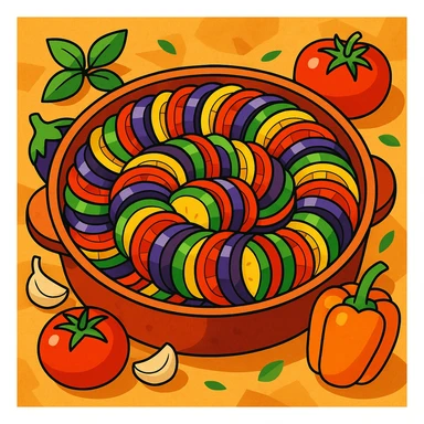 ratatouille food, vibrant vegetables, rustic French dish, colorful, appetizing, in a round baking dish sticker