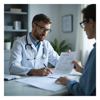 hyperrealistic 4K image of a doctor filling out a prescription on letterhead, writing 'Tiroide secca di maiale', patient watching attentively, clinical office environment sticker