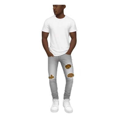 man fullbody, white t-shirt, white air force one low shoes, amiri grey jean front view sticker