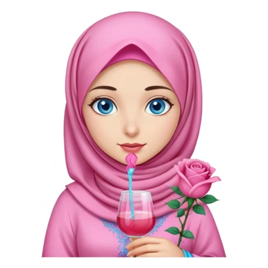 Turkish beautiful finish Konya girl blue eyes with pink hijab islamic dress and had on her hand rose mocktail sticker