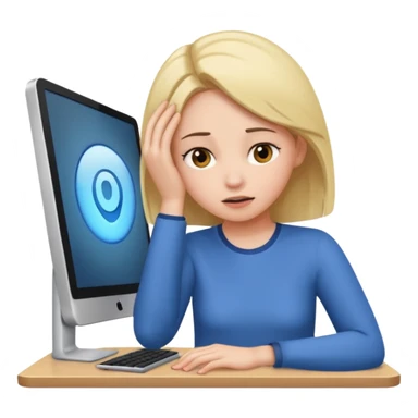 A girl is in front of a computer and is holding her head. sticker