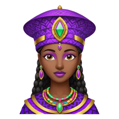 Create me an emoji of a beautiful Ethiopian Queen of Sheba wearing a neon purple gradient African patterns with metallic "isicholo" (a Zulu-inspired hat).  sticker