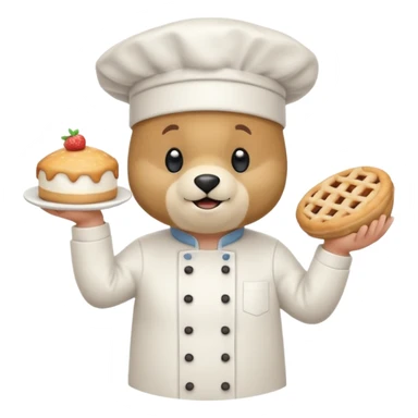quiero un oso de pie con un delantal de pastelería y un gorrito de chef que una mano tenga una manga pastelera y este feliz divertido sticker