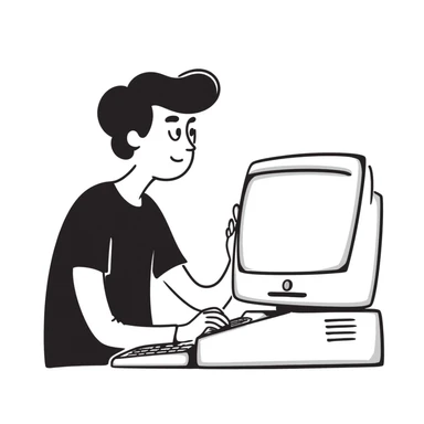 Young man with modern haircut sitting at a vintage desktop computer with large CRT monitor and floppy disk drive sticker