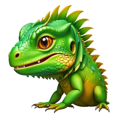 Cinematic Realistic Cute Iguana Portrait Emoji, Head tilted playfully and inquisitively, featuring a compact, agile build with a glossy, intricately scaled body in vivid green hues and a characteristically expressive face with bright, curious amber eyes, rendered in lifelike detail with natural highlights, high shine, affectionate and lively, styled with a touch of tropical whimsy, soft glowing outline, capturing the essence of a mischievous yet lovable iguana that seems poised to scurry out of the screen into your arms! sticker
