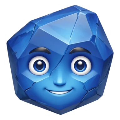 A single sapphire-blue faceted rock head, chunky and worn, with a few visible cracks and chipped facets but still shiny, big kind eyes and a confident smile, 3D game asset, centered on dark background, no body, no other elements. sticker