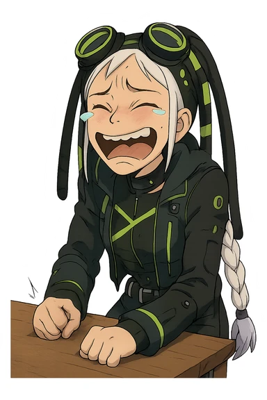 1 female, single long white braid with lavender tips. Cybergoth futurepunk, crying from laughter, pounding her fist on a table, “wheeze emoji” facial expression, hilarious  sticker
