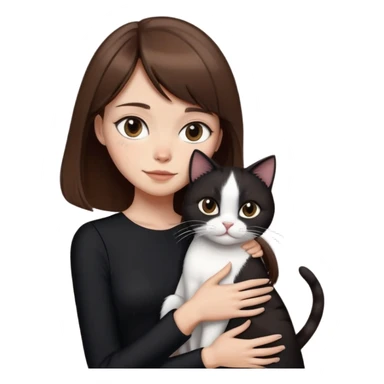 Linda mulher magra, cabelos castanhos médios com franja dividida ao meio, em vestido escuro, abraçando um gato preto e branco emoji sticker