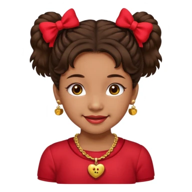 Brownskin girl dark brown hair fluffy. pigtails with red bows brown eyes smiling closed mouth red shirt gold esrrings gold necklace sticker