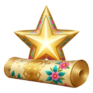 simple composition of a glowing sparkle or star shape in foreground with only a roll of patterned fabric behind it, no faces sticker