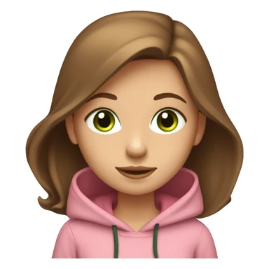 A girl with brown long hair, fair skin and green eyes, working at a modern laptop in a plain pink hoodie sticker