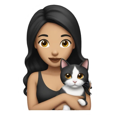 A light skinned woman with black hair holding a cat sticker
