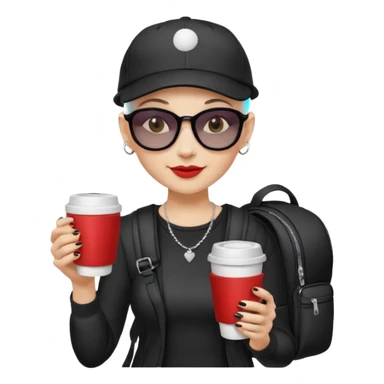 ["A happy woman with light skin, bald, wearing a baseball cap and sunglasses, dressed in goth fashion, is drinking coffee while holding a backpack."] sticker