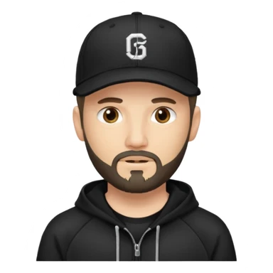 Hombre con la cara borrosa, con barba fina y perilla, gorra negra de baseball bordada con un 08, y sudadera negra sticker