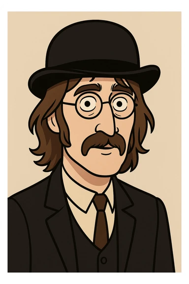 John Lennon wearing a bowler hat, realistic cartoon style sticker