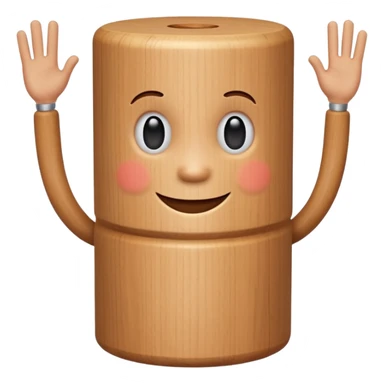 A wooden cylinder with a  face with arms and legs  sticker