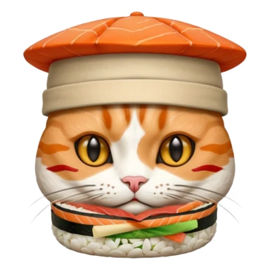 cat with its fingers crossed wearing a hat made out of sushi sticker