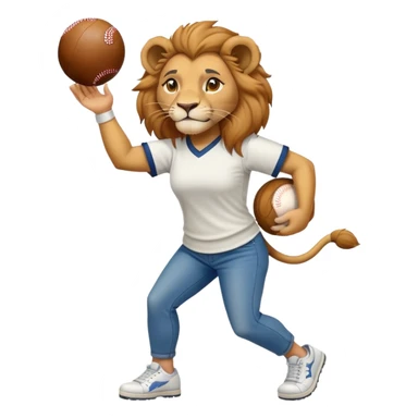 confident anthropomorphised female lion wearing a baseball shirt, jeans, and trainers, lifting an object sticker