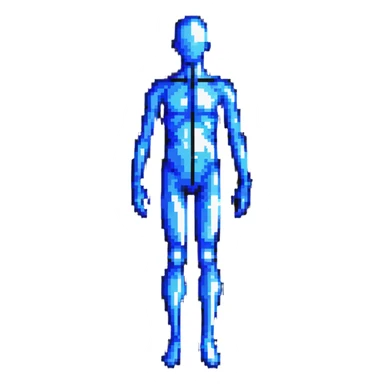 Pixelated human silhouette with digital scanning effect, blue grid lines mapping the body sticker