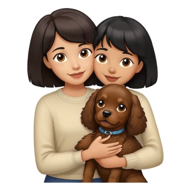 A girl with short black hair and bangs happily hugs a brown cocker spaniel sticker