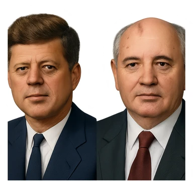 realistic icon of John F. Kennedy and Mikhail Gorbachev side by side, clean and focused sticker