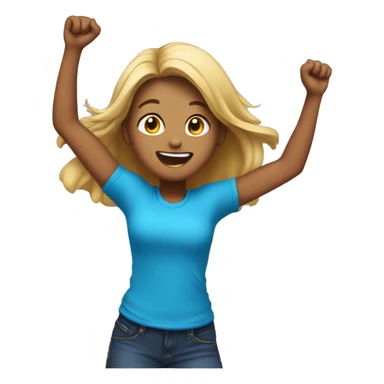Girl jumping in celebration, showing her from behind, just from the hips to the head, light dark skin and blue T-shirt sticker