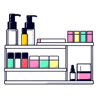 big long white shelf with one serum bottle labeled beauty brand and large sticky note next to it sticker