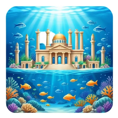 Atlantis underwater city with domed buildings, ancient Greek architecture, glowing blue energy crystal, surrounded by fish sticker
