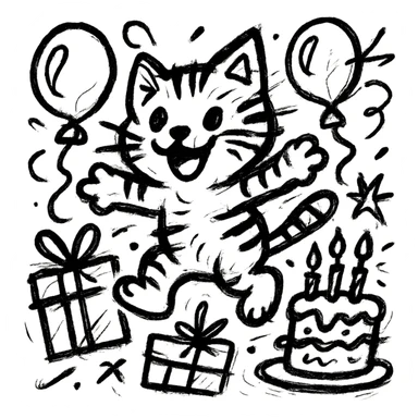 chaotic outlined icon of a happy tabby kitten jumping among balloons, birthday cake, and gift boxes, with wild, scribbled lines sticker