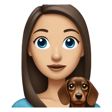 Brunette Woman with blue eyes holding a mini dachshund sticker