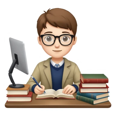 Student with glasses studying at desk with books and laptop sticker