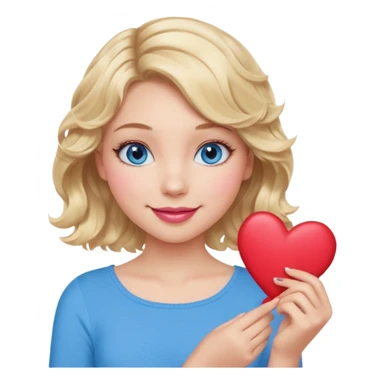 Girl Blonde short wavy hair,  blue eyes, cute blue top, long lashes, pink lips, smiling, holding hearts sticker