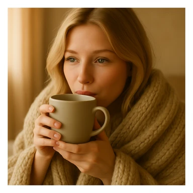 Show the blonde girl cozy in a blanket, drinking coffee with her eyes open, warm and serene atmosphere. Maintain the peaceful and comforting feeling. sticker