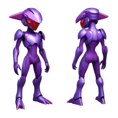 a shiny purple-red Genesect-Raptor-Fakémon—hybrid with a futuristic visor-helmet full body sticker