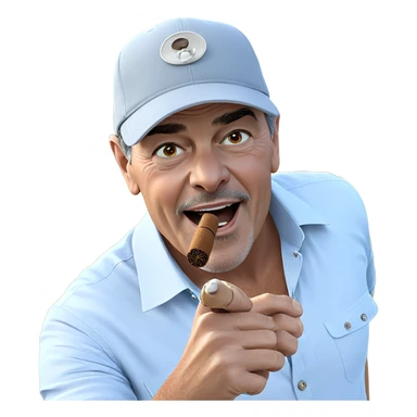 boy pointing outdoors with cigar sticker