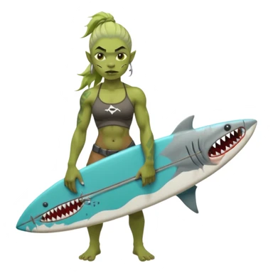 orc female holds a little surfboard with a shark painted vertically in his hands sticker