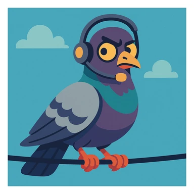a pigeon perched on a wire, with a headset and earpiece, looking around suspiciously, vibrant toon style sticker