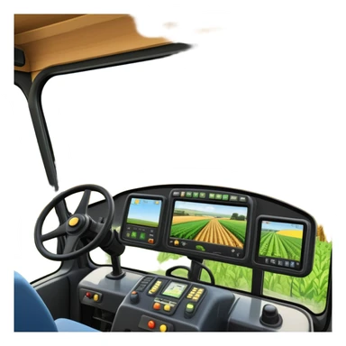 a view from the tractor cabin, with the dashboard in focus, overlooking a vibrant rural landscape. Inspired by Farming Simulator 22, the scene includes fields, crops, and distant barns under a bright sky. The design highlights the immersive experience of farm management. transparent background sticker