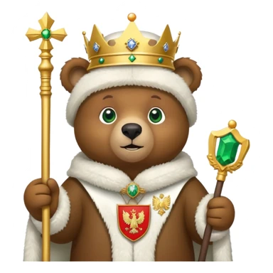 Adorable brown bear with green eyes, white ushanka hat featuring very clear and accurate Russian Federation double-headed eagle coat of arms with crowns and scepter, iOS emoji style sticker