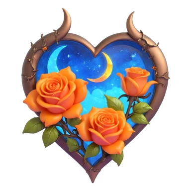 gothic heart made of bronze glass, silver crescent moon, glowing orange roses, holographic stardust, neon yellow lightning, wet and cracked glass sticker