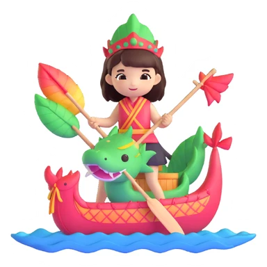 A chibi girl dressed as a dragon boat drummer, holding soft pastel drumsticks, standing in a fluffy dragon boat, colorful festival ribbons flying, sparkles and cute mini fish swimming below, soft pastel colors, watercolor texture, transparent background sticker