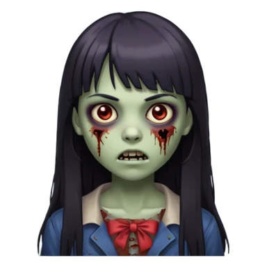 Emoji de guria zombie com cabelo longo, escuro e liso com franja, olhos escuros e boca pequena. sticker