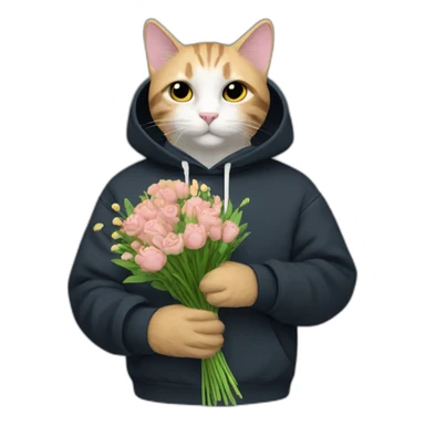 Cat in blach sweatshirt adidas holding bouquet of flowers sticker