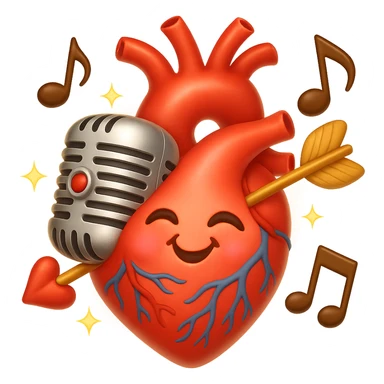 Make the anatomical heart and retro microphone fused together, music notes accenting the design, even more romantic in emoji style. Add cupid arrows, soft blush, and a gentle glow. No background. sticker