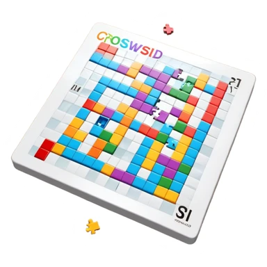 A photorealistic icon with a colorful, fragmented crossword magazine, a 3D puzzle, and a partially completed puzzle on a table. Bright, detailed design with realistic lighting. Transparent background, clearly symbolizing puzzles and brain games. sticker