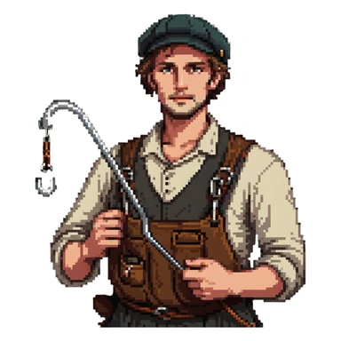 English dockworker from 1800s with weather-worn face, simple clothes and docker's hook sticker