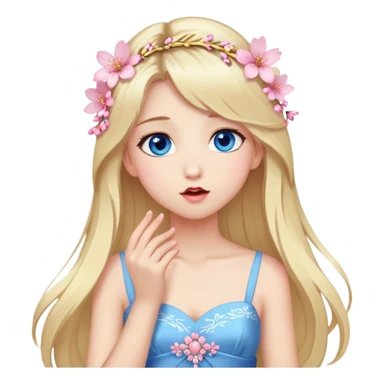 Girl with long blond hair and sakura accessories on her hair with a long dress and have blue eyes beautiful finish and she sending lovely kisses  sticker