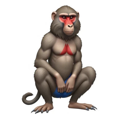 cinematic-baboon-realistic-full-body-sitting-emoji,-muscular-arms-resting-on-its-knees,-head-tilted-dramatically,-thick-grey-and-brown-fur,-bright-red-and-blue-muzzle-standing-out,-simplified-yet-realistic-focused-features,-highly-detailed,-glowing-with-an-almost-sarcastic-glow sticker