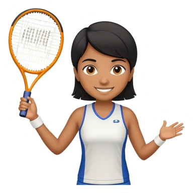 Chindian tennis coach, caramel brown, short straight hair, oval face, small eyes, big smile, wearing tennis outfit sticker