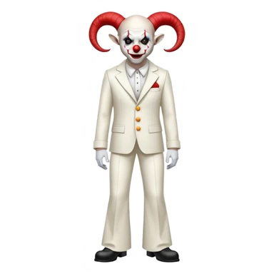full-body demonic clown in a white leisure suit with bellbottom pants, bald, with black ram horns, wearing elevator shoes sticker